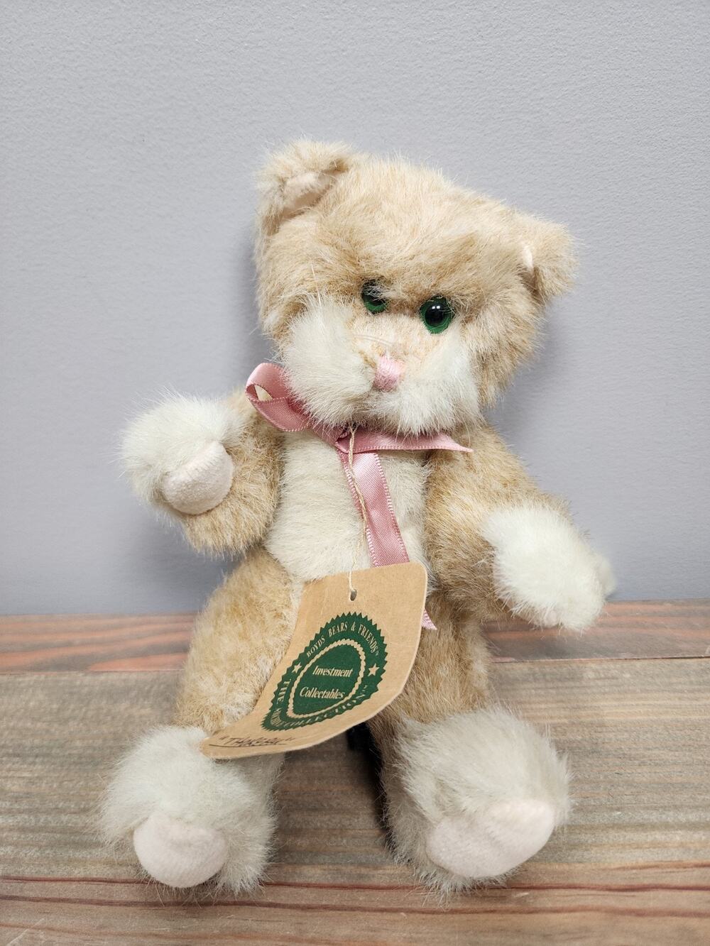 Vtg Boyds Bears 9" Thoreau Cat 5740-08 Plush Jointed Pink Bow Green Eyes